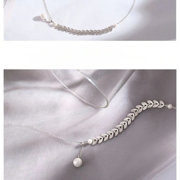 NEW 925 Sterling Silver Leaf Arrow Pearl Necklace - Picture 5 of 8